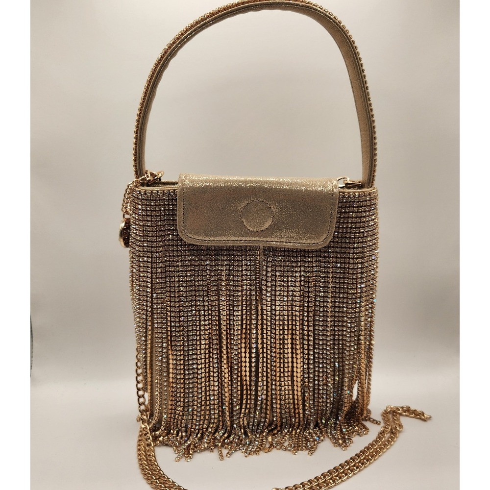 Olga Berg Billie Crystal Fringe Bag Gold Rhinestone Evening Clutch Purse Glam